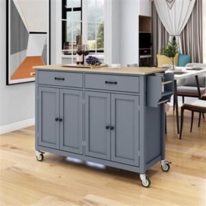 54.3 inch solid wood top kitchen island cart with locking wheels 4 door cabinet two drawers spice & towel rack grey blue color
