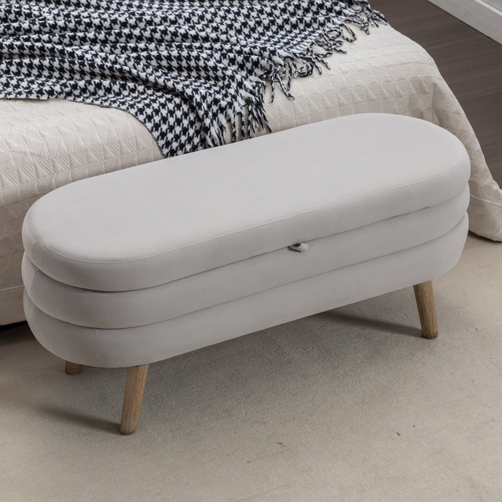 036 velvet fabric storage bench bedroom bench with wood legs for living room bedroom indoor,light gray
