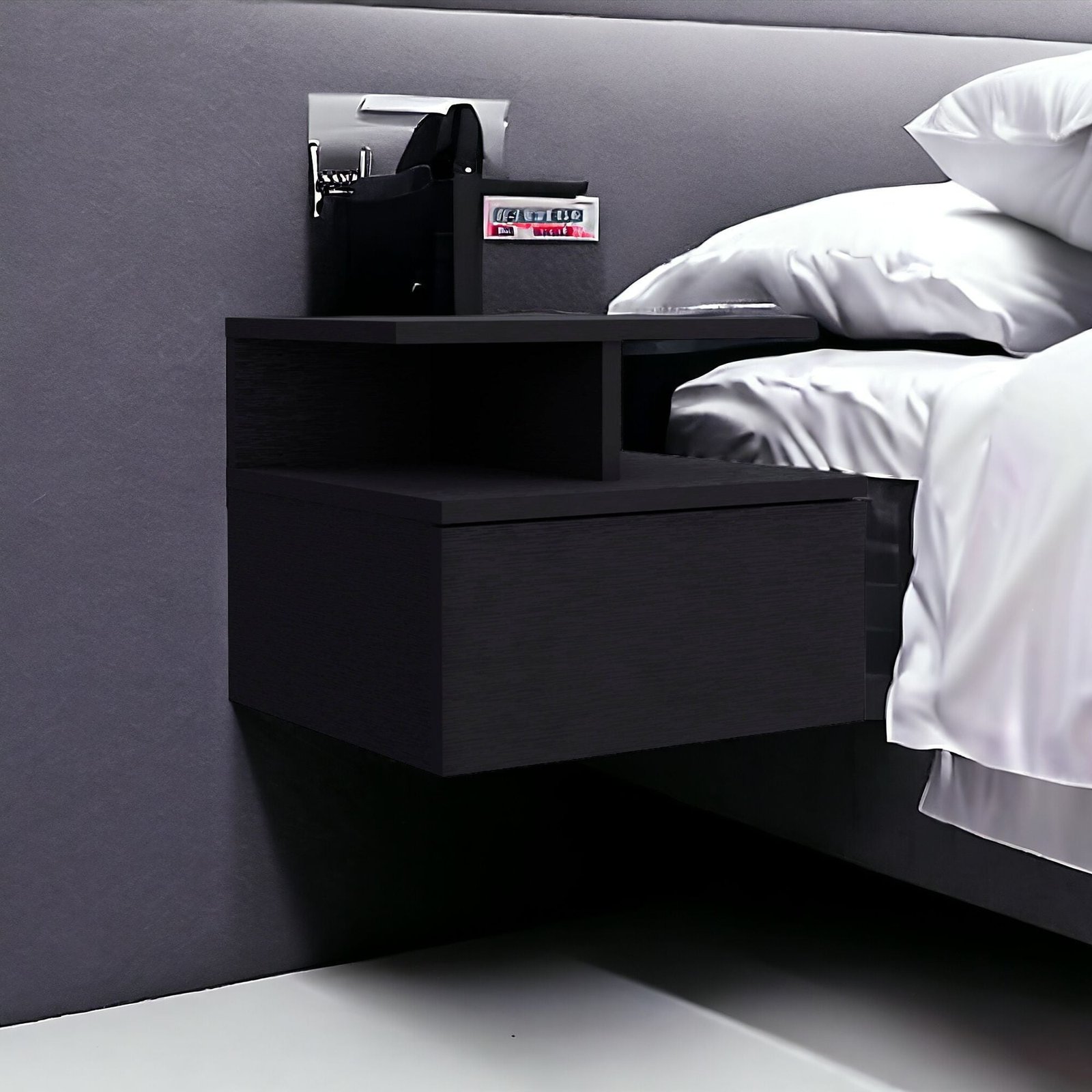 12" black teak solid wood one drawer floating nightstand modern luxury minimalist design foldable for apartment or home use