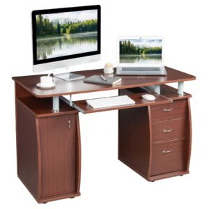 fch coffee color computer desk 1pc mdf door 15mm 3pcs drawers portable 115* 55*74cm 1 box