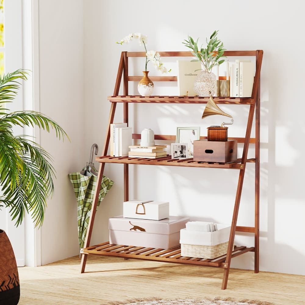 3 tier bamboo ladder shelf foldable bookcase for plants and flowers