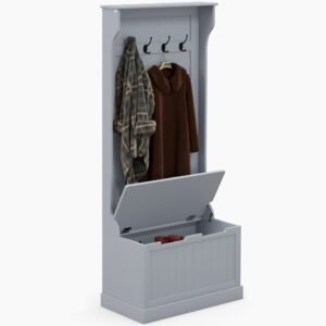 gray entryway hall tree coat rack with sitting bench and storage hooks for mudroom use