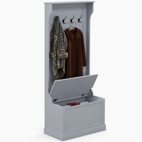 gray entryway hall tree coat rack with sitting bench and storage hooks for mudroom use