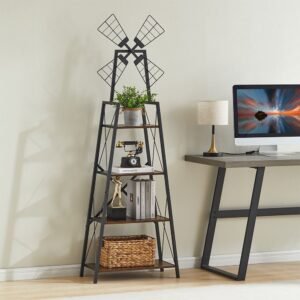 4 tier bookshelf with windmill metal frame display storage shelves bookcase organizer for living room & home office