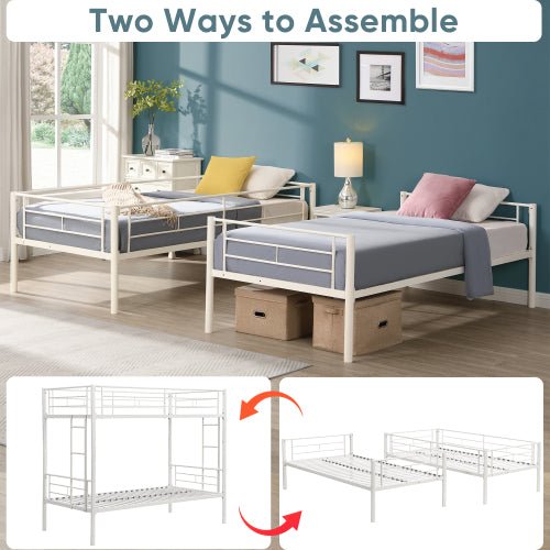 fcj twin twin white metal bunk bed convertible bedframe with safety guardrails ladders no spring box needed space saving design