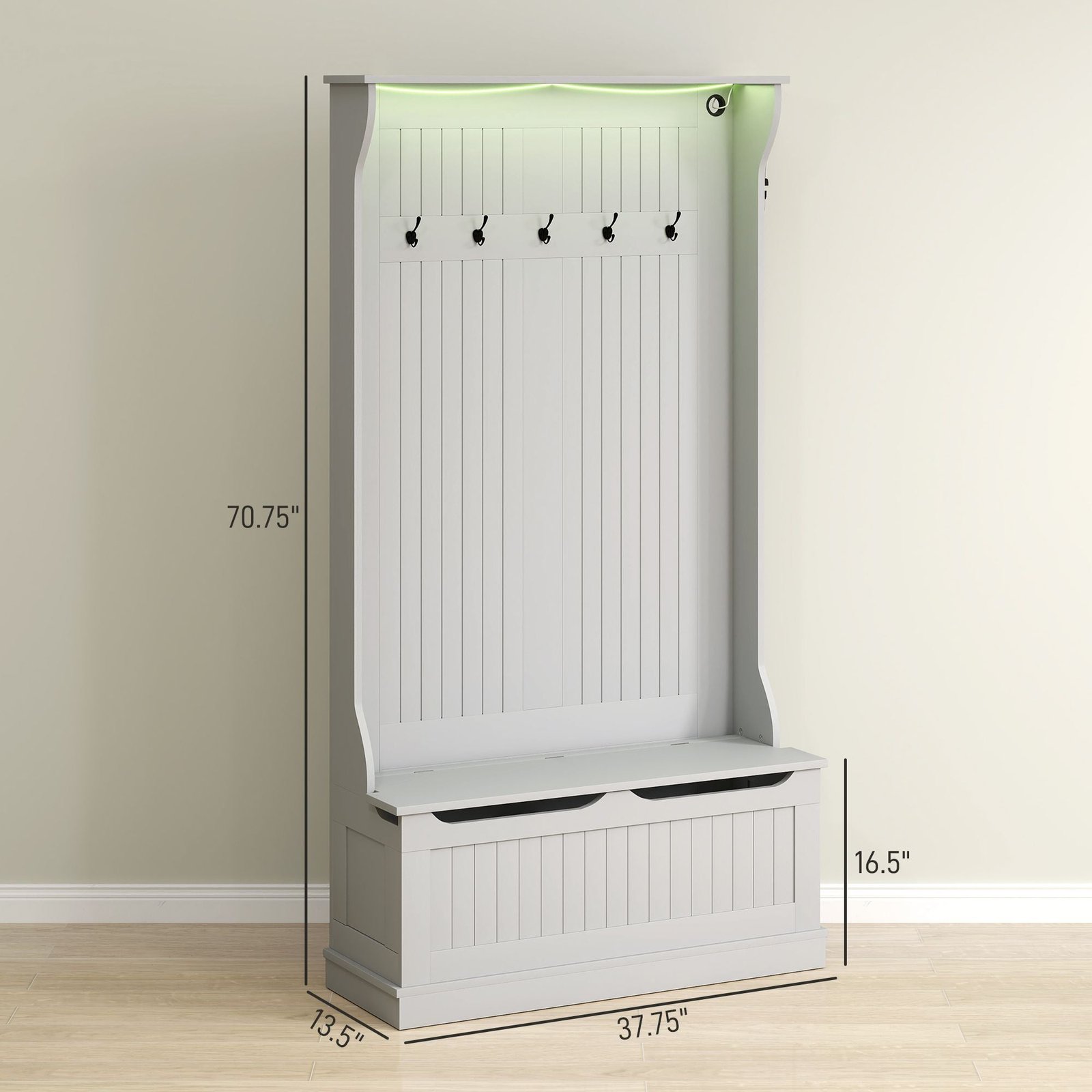 3 in 1 gray entryway hall tree with led lights bench shoe storage 5 coat racks