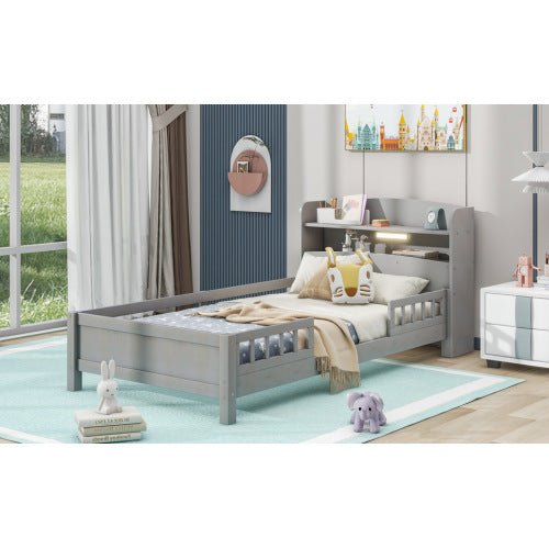fcj contemporary twin size platform bed with led light storage headboard guardrail antique grey made of metal