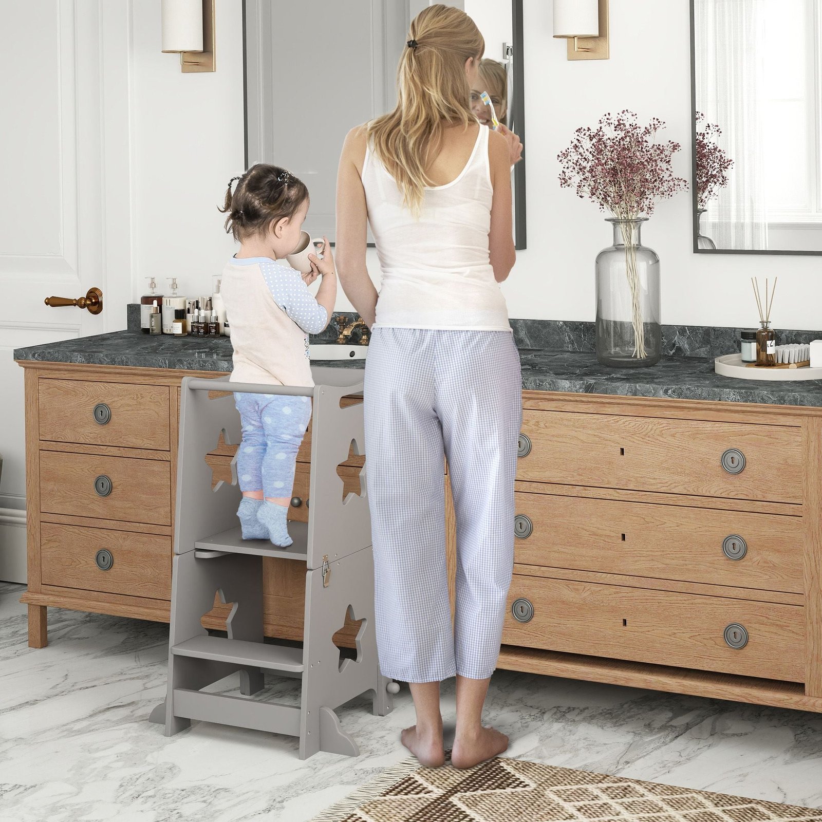 2 in 1 gray toddler tower with safety rail for bathroom sink kitchen counter or ottomans for multiple uses