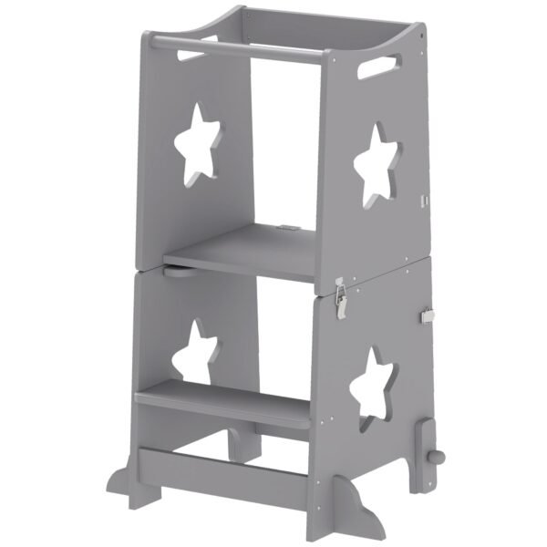 2 in 1 gray toddler tower with safety rail for bathroom sink kitchen counter or ottomans for multiple uses