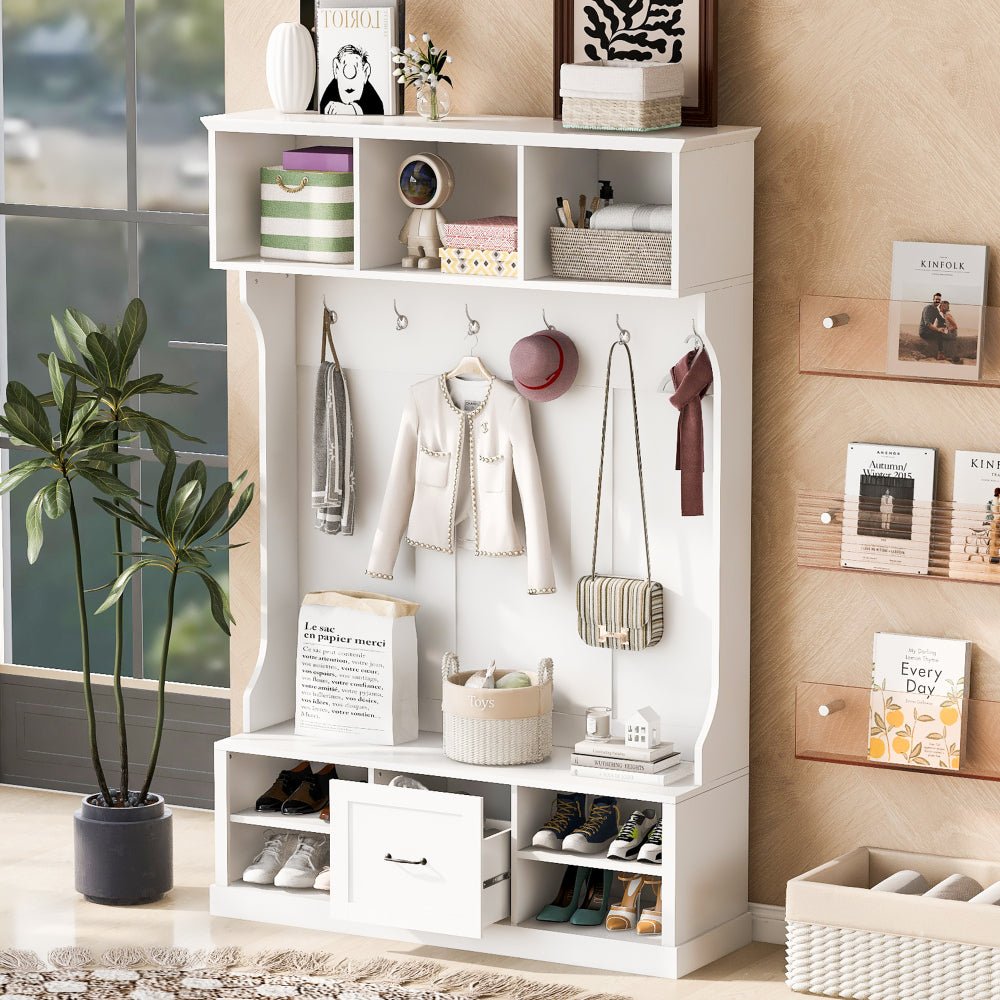 57'' hall tree with 6 hooks, coat hanger, entryway bench, 3 in 1 design, a spacious drawer for entrance, living room