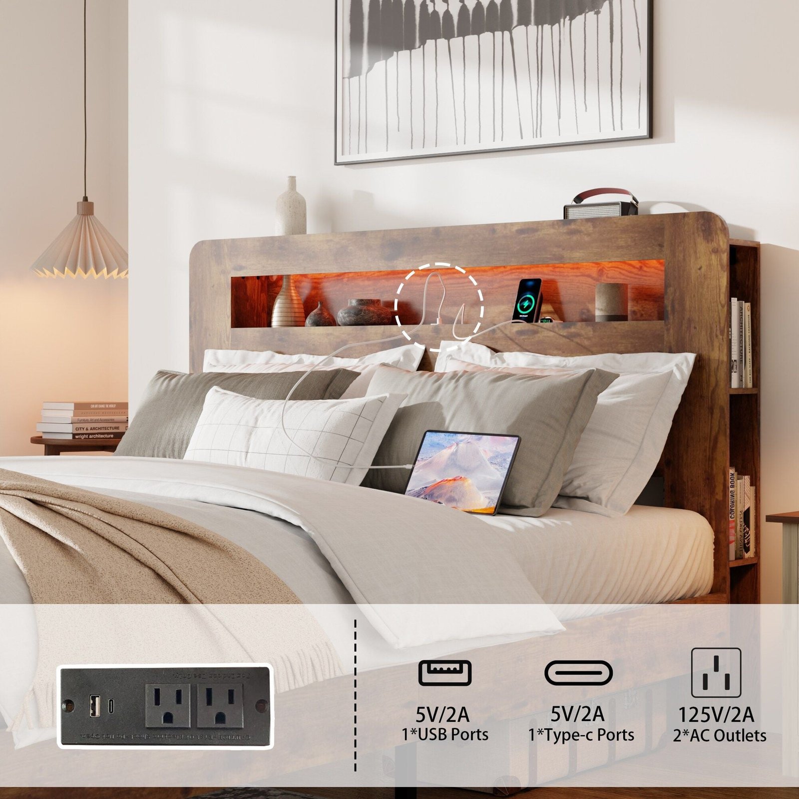 dark brown king size wood platform bed frame led light headboard usb ports no box spring needed easy assembly large storage no