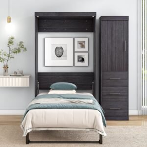 gray twin size murphy bed with wardrobe and drawers folded into a cabinet with storage product category murphy beds