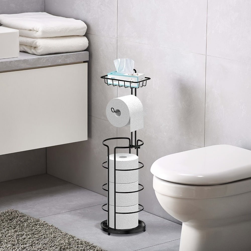 toilet paper holder upgraded version with raised feet, tissue dispenser, self supporting toilet paper roll with storage rack