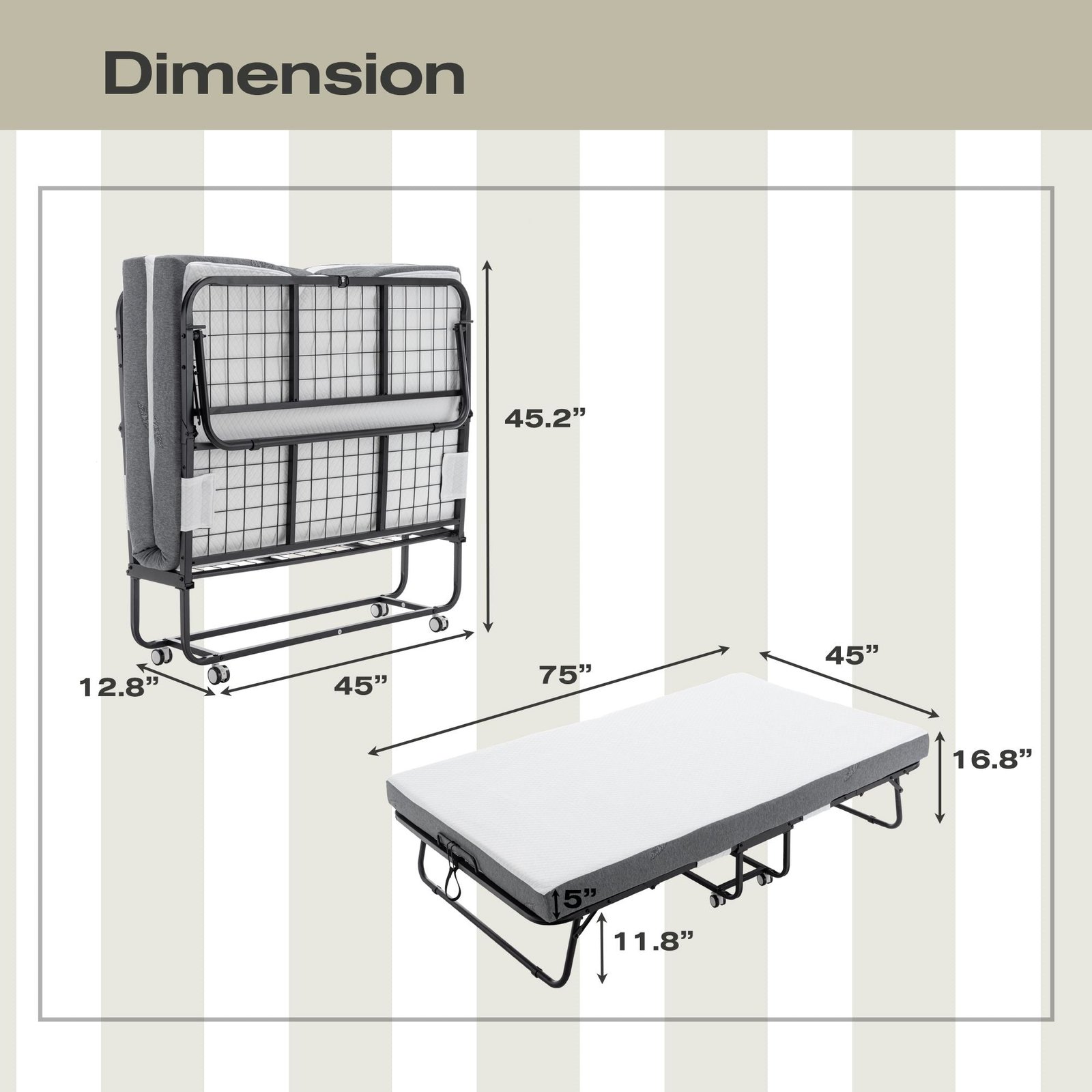 75 in. x 45 in. portable metal frame rollaway bed memory foam mattress wheels 45 in. x 75 in. folding metal bed bedroom