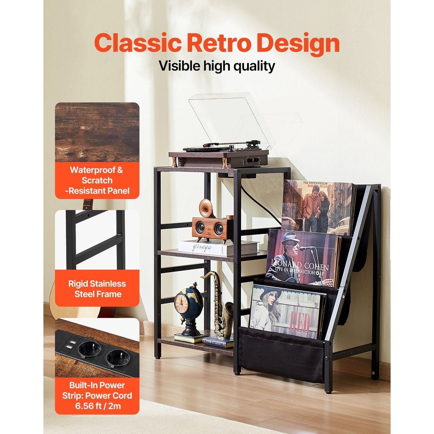 3 tiers black metal record player stand with led light & usb ports vinyl cd racks