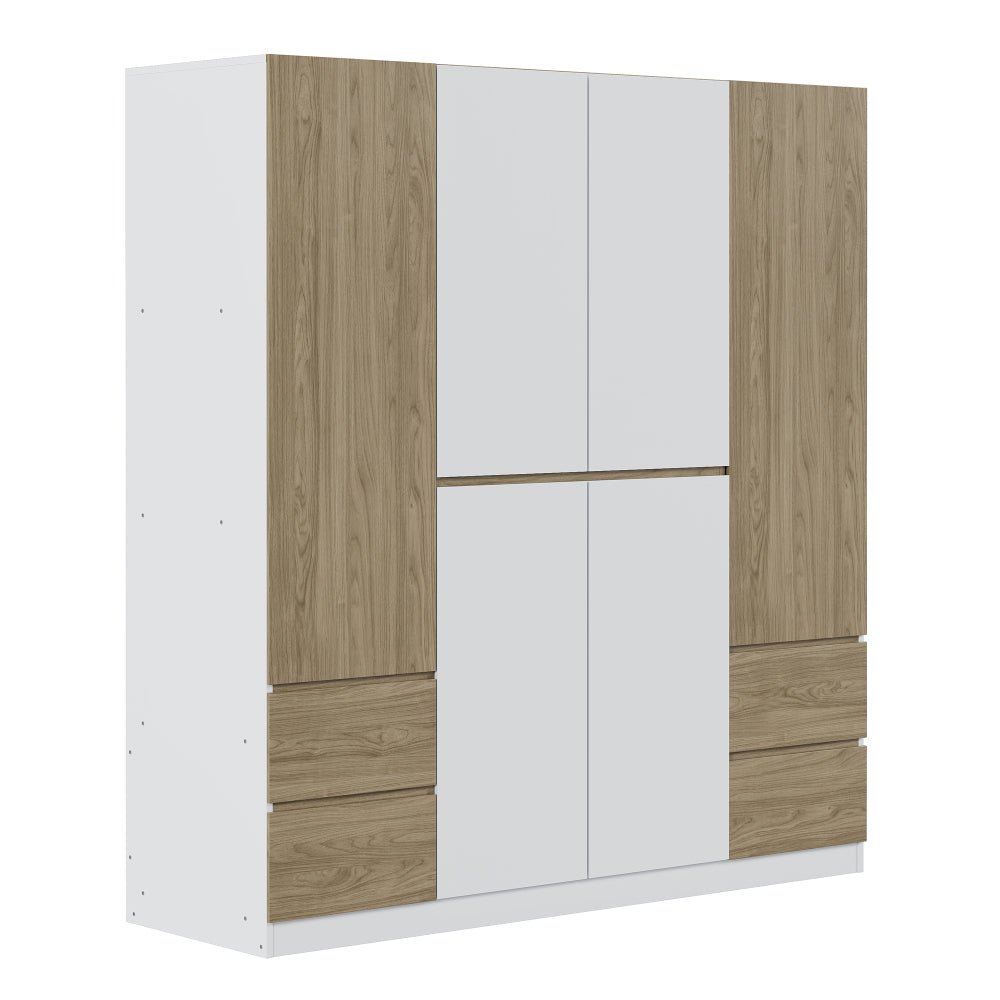 6 doors wooden wardrobe storage for bedroom,with 4 drawers,white+nature