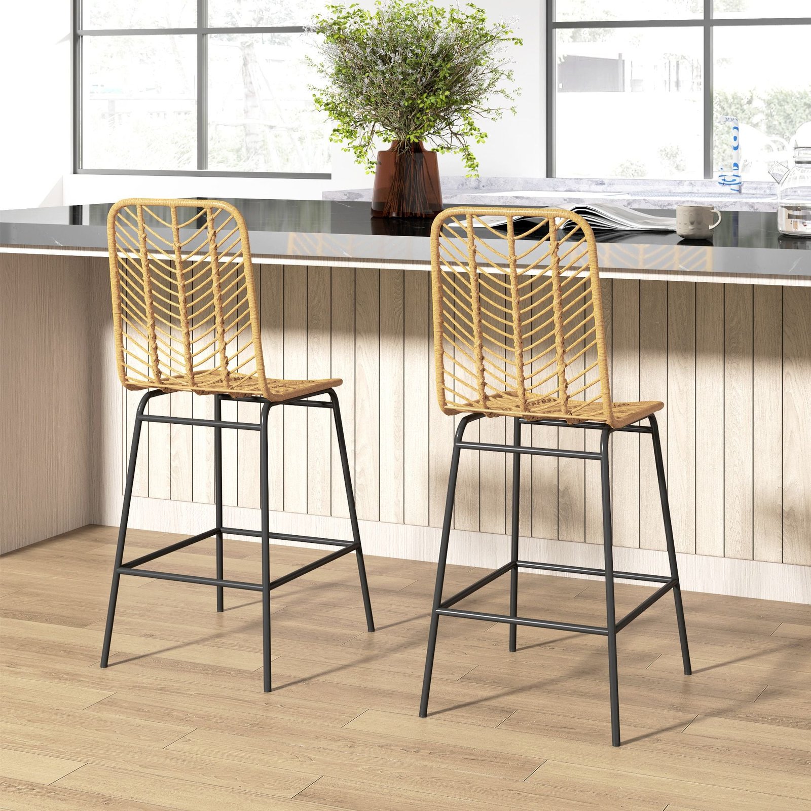 set of 2 stylish durable rattan wicker counter stools with steel frame footrest stools & ottomans