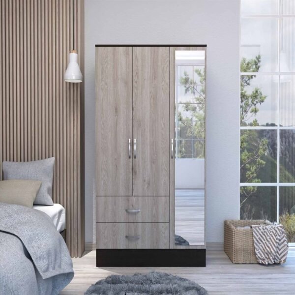 draggo mirrored armoire double door wardrobe with two drawers and rods black wengue/light gray finish