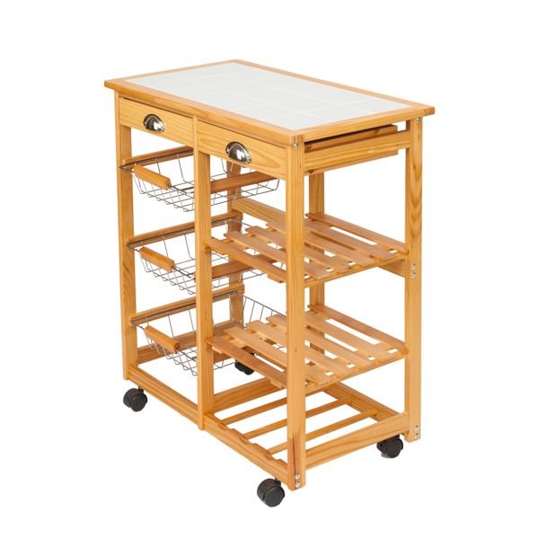 2 drawer wood color kitchen & dining room cart with rolling wheels removable storage rack for islands & carts