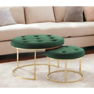 set of two green velvet and gold tufted round ottomans hms stools & footrests