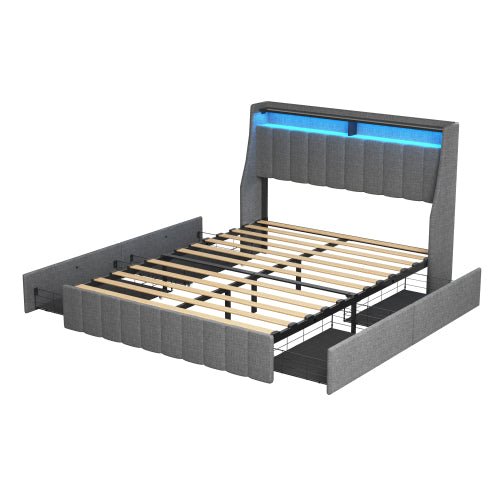 fcj light grey full size platform bed frame with led and 4 under bed storage drawers soft headboard design with wings