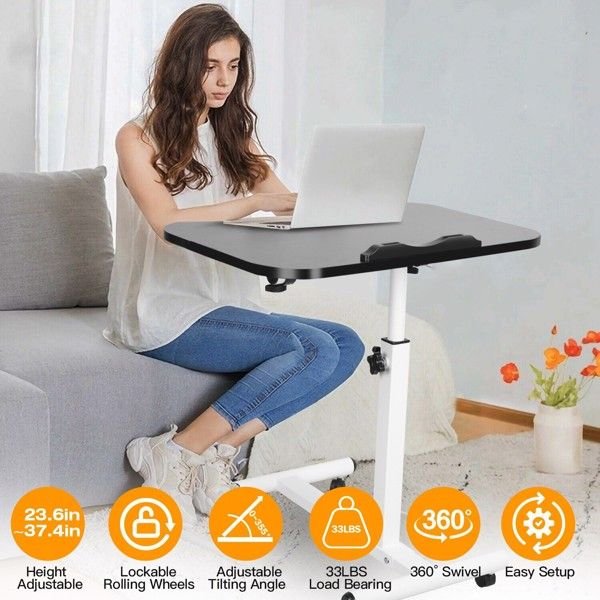 black foldable home office portable computer cart 90° tiltable rolling laptop table height adjustable mobile standing desk for