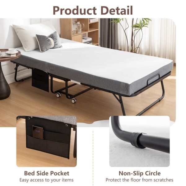 portable 75 in. x 38 in. folding metal frame rollaway bed with memory foam mattress & wheels 38 in. x 75 in.