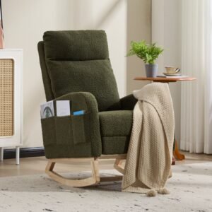 modern accent high backrest rocking chair solid wood legs dark green upholstered nursery glider rocker comfortable armchair side