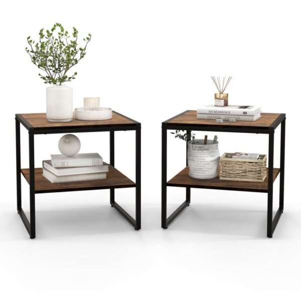 2 piece industrial style 2 tier side table set with open shelf for living room furniture