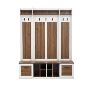 5 in 1 entryway bench with coat rack, 7 sturdy hooks, 2 spacious drawers and adjustable shelves