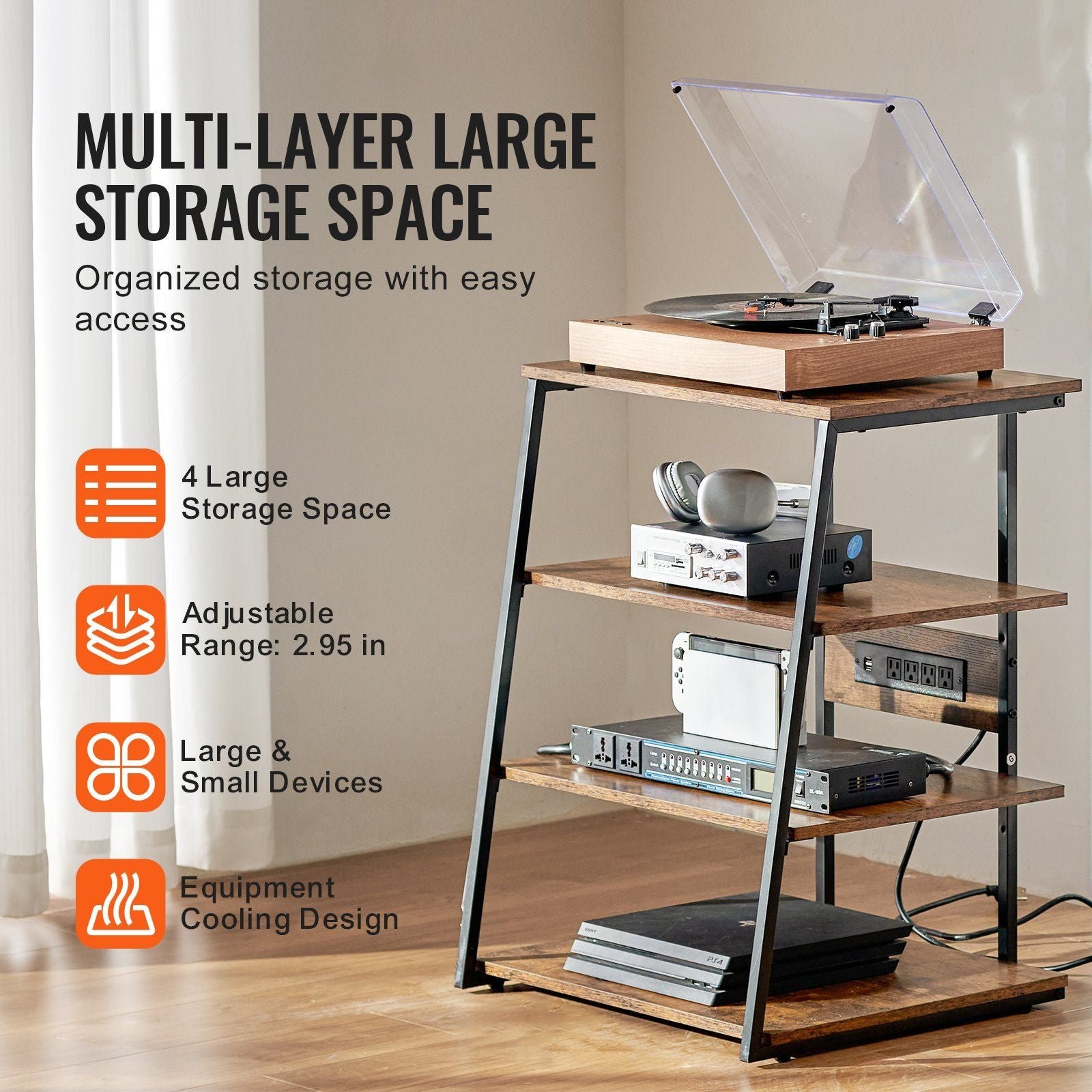 4 tier brown wooden shelves corner tv stand led lights height adjustable av media stand for dvd players cable boxes games