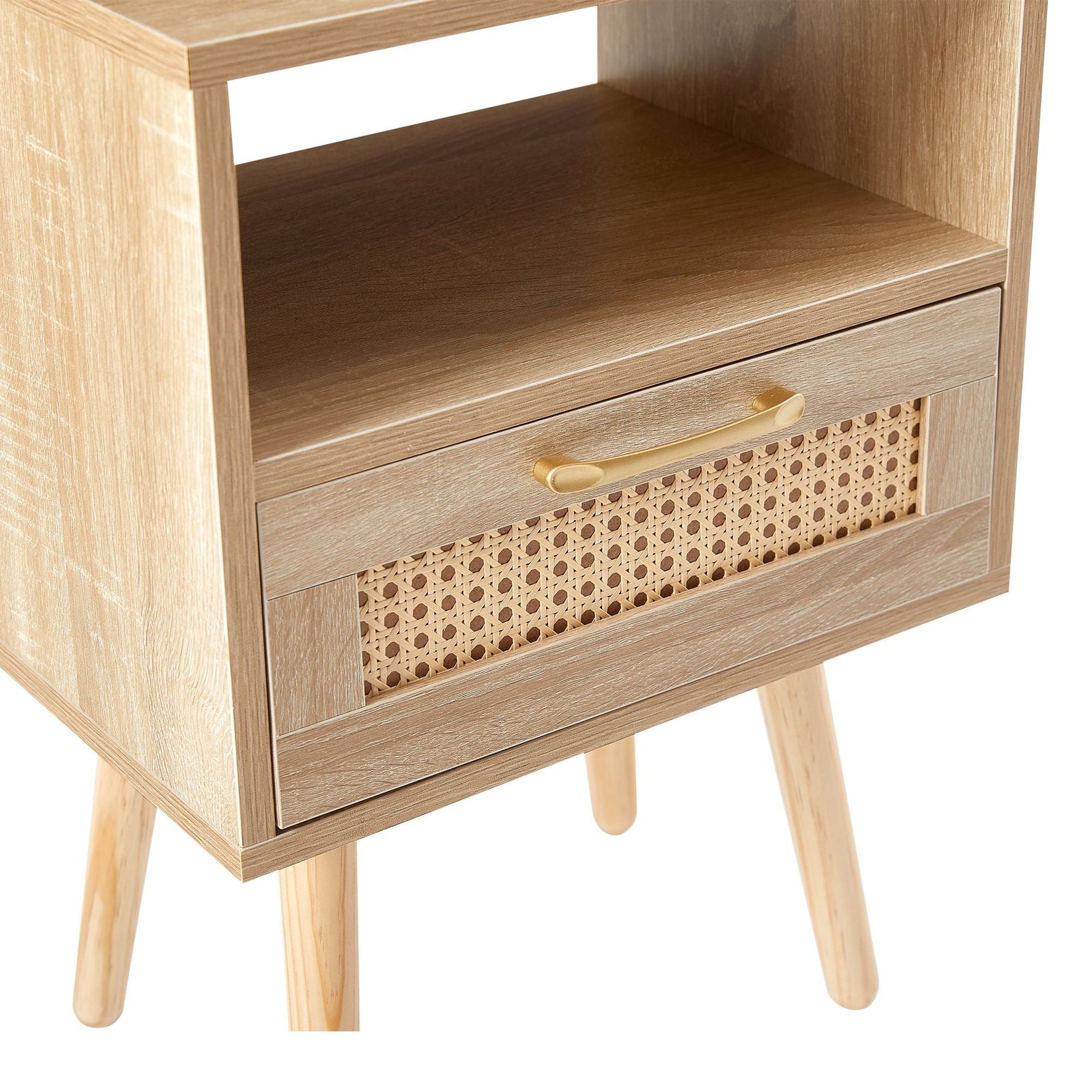15.75" modern solid wood rattan end table with power outlet usb ports nightstand drawer side table for living room bedroom