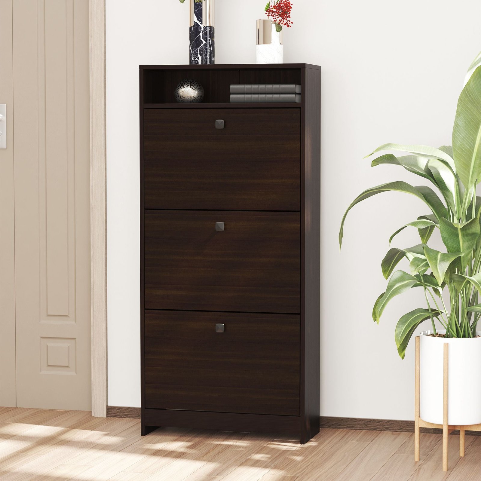 trendy espresso shoe storage cabinet with 3 large fold out drawers spacious top surface shoe rack
