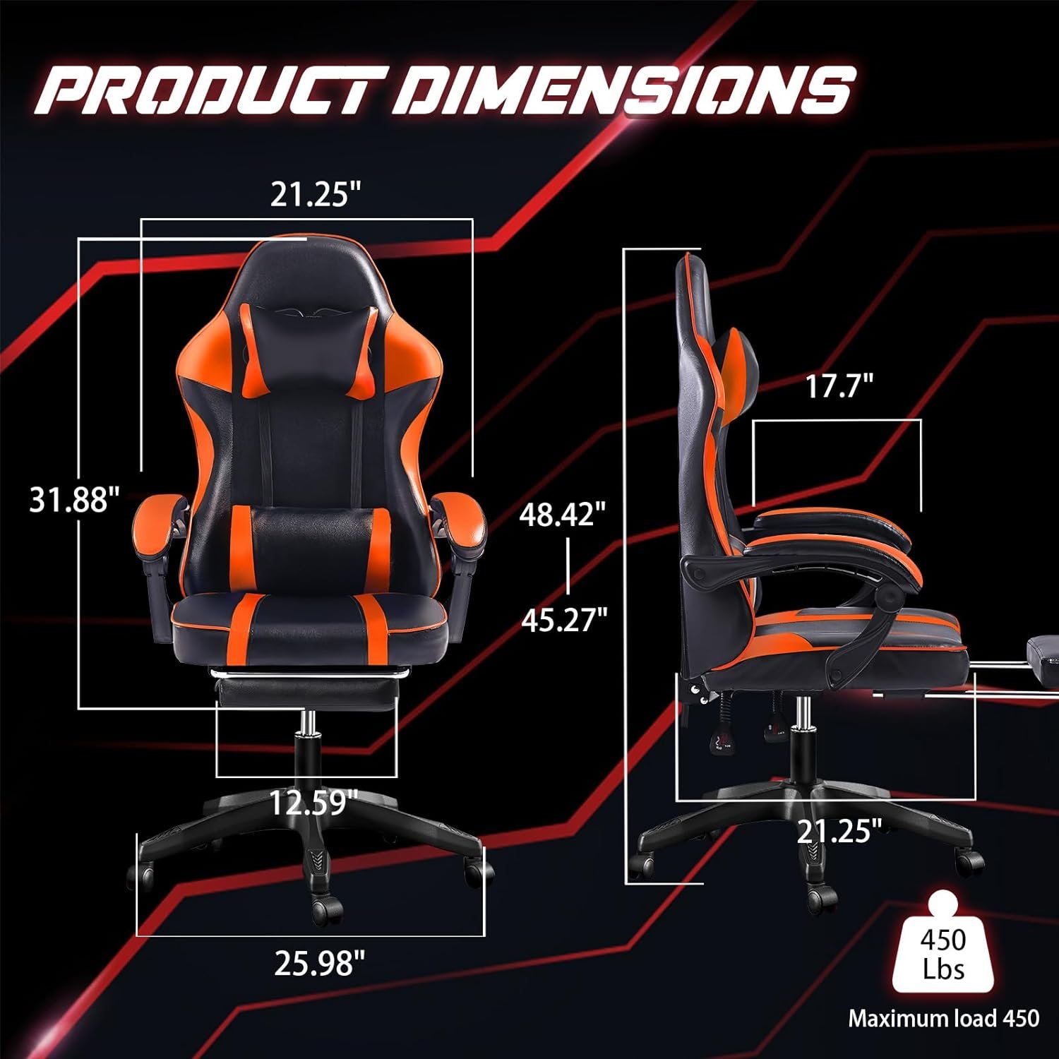 adjustable orange lift gaming chair with revolving feature synthetic leather material stainless steel lumbar pillow footrest