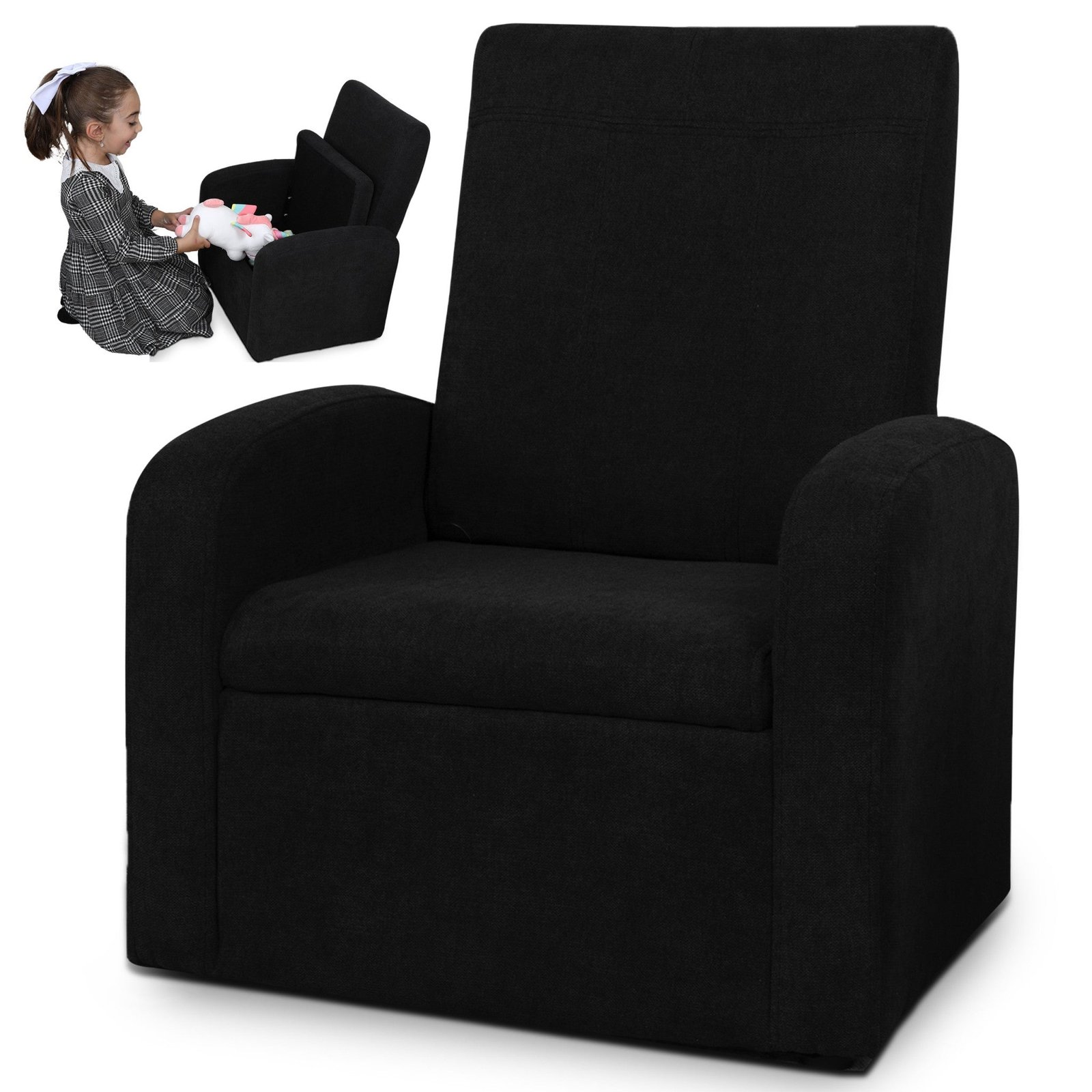 hms kids comfortable black upholstered recliner chair with storage for living room