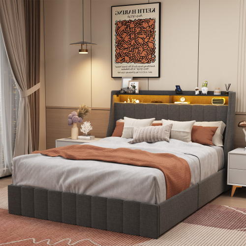 fcj full size king size platform bed frame with led soft wings headboard design 4 under bed portable storage drawers