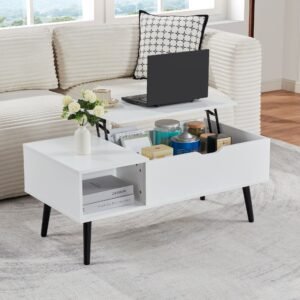 39" white lift top coffee table with hidden compartment and storage shelf for living room or reception wood material