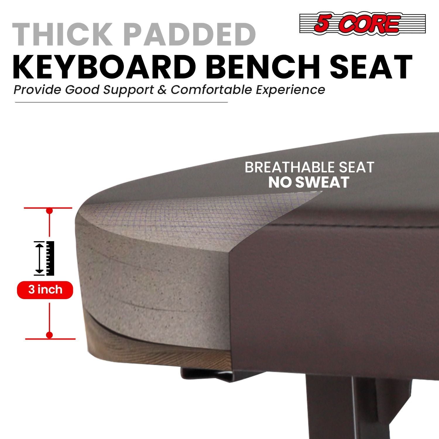 17 22 inch height adjustable kbb h adj br keyboard chair 5 core t style brown thick padded pu leather cushion seat piano stool
