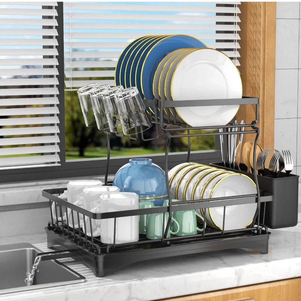 tableware drying rack, 304 stainless steel large utensil rack and drainage plate set, with rotating water outlet drainage device
