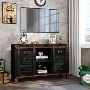 30' tall industrial farmhouse tv stand sliding barn doors rustic black television console table cabinet for 55 inch tvs media
