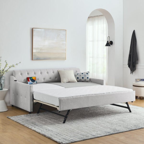 twin size upholstery daybed with twin size erectable trundle and usb charging design