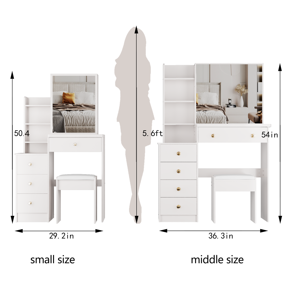29.2" small space left bedside cabinet vanity table + cushioned stool, extra large right sliding mirror