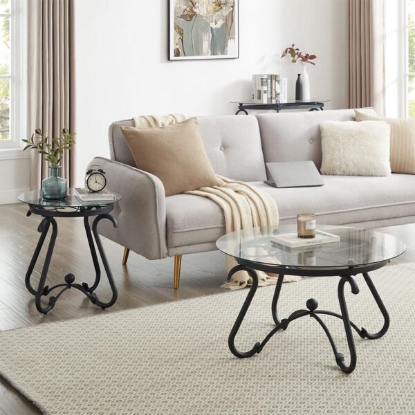 2 piece tempered glass surface coffee table set, decor coffee table round end side table with sturdy construction