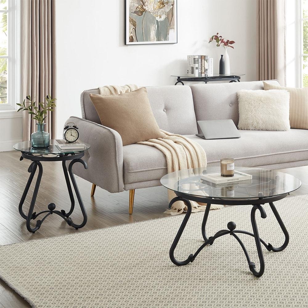 2 piece tempered glass surface coffee table set, decor coffee table round end side table with sturdy construction