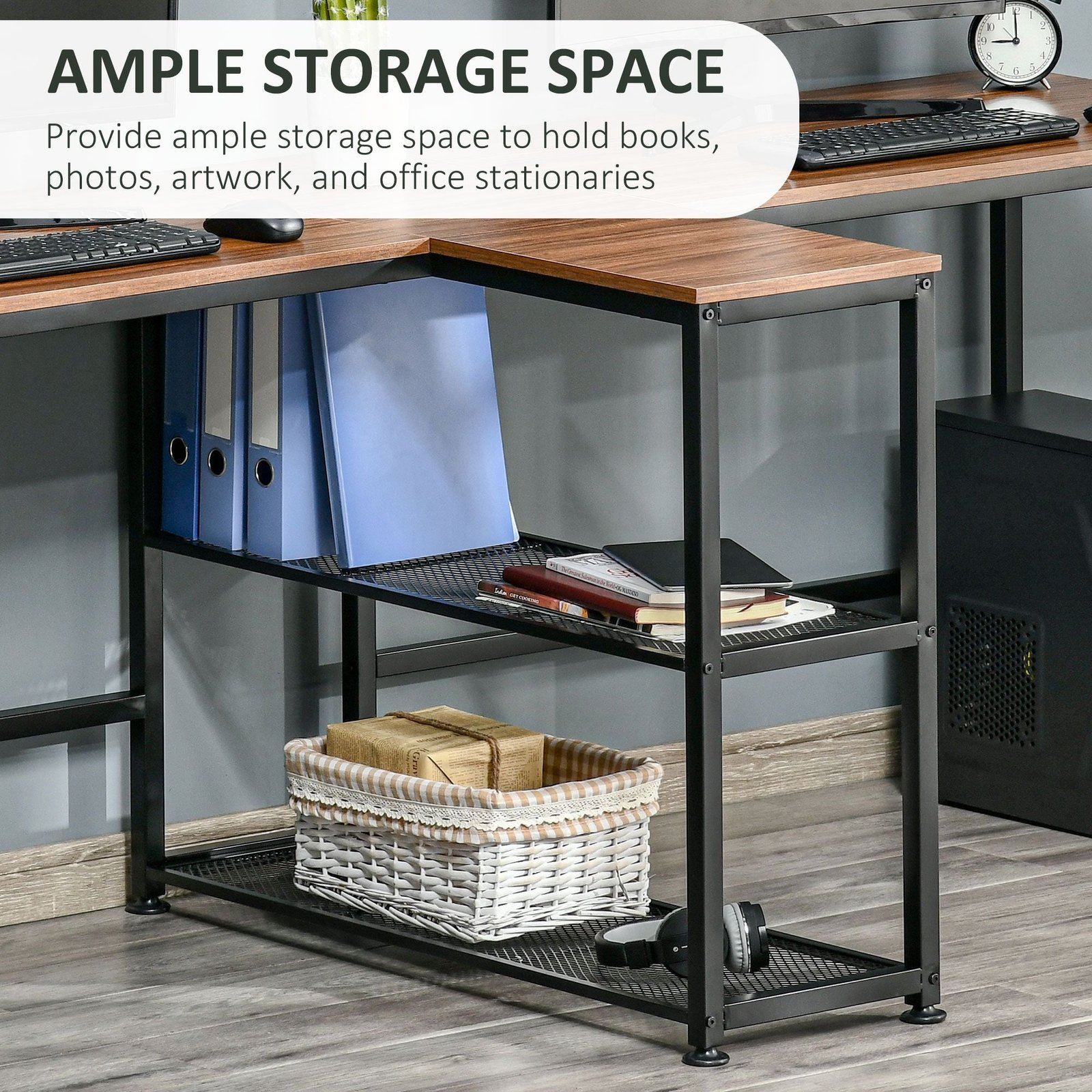 83'' two person dark walnut office desk with storage shelves large computer study writing table for home or office