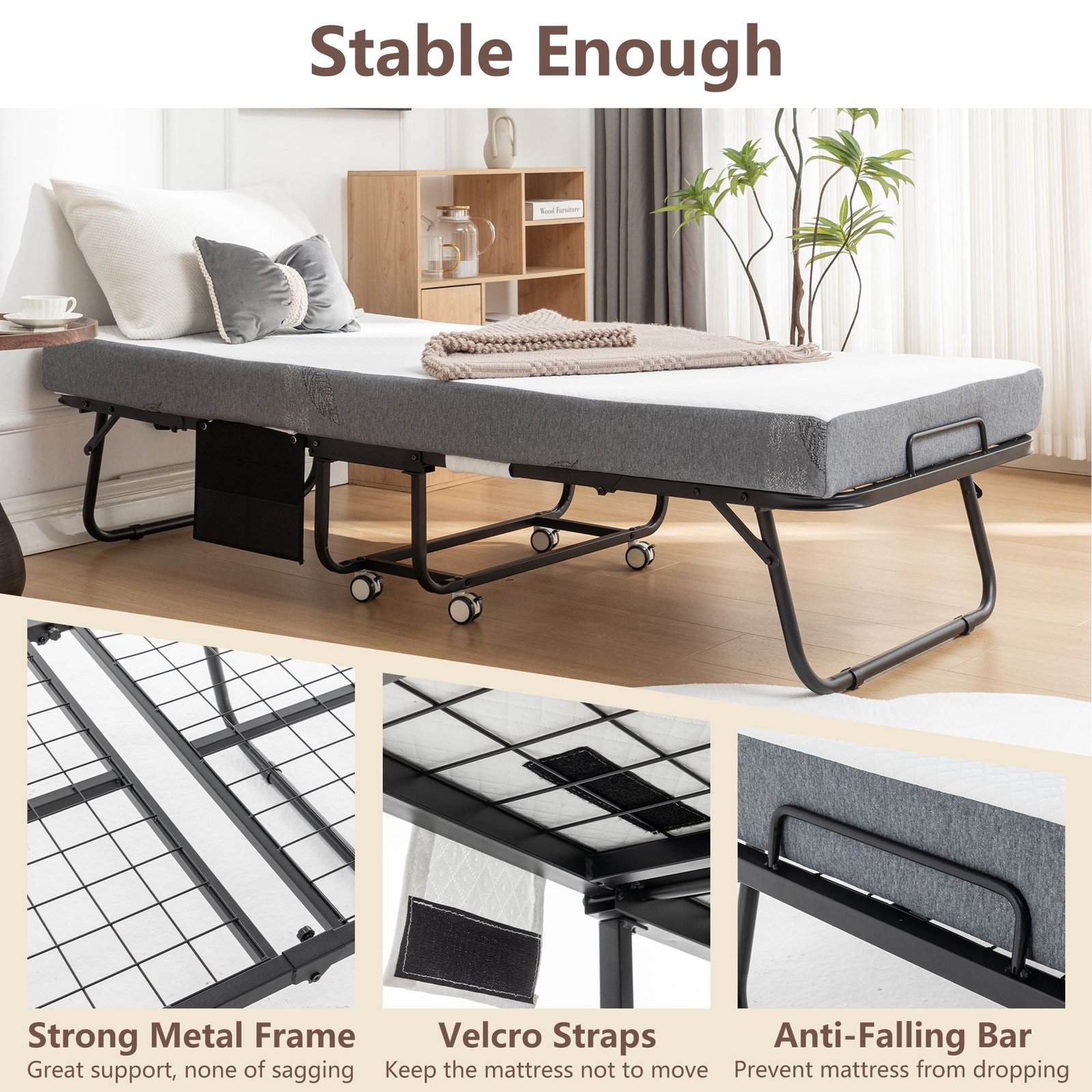 portable 75 in. x 31 in. metal frame rollaway bed with memory foam mattress & wheels 31 in. folding bed