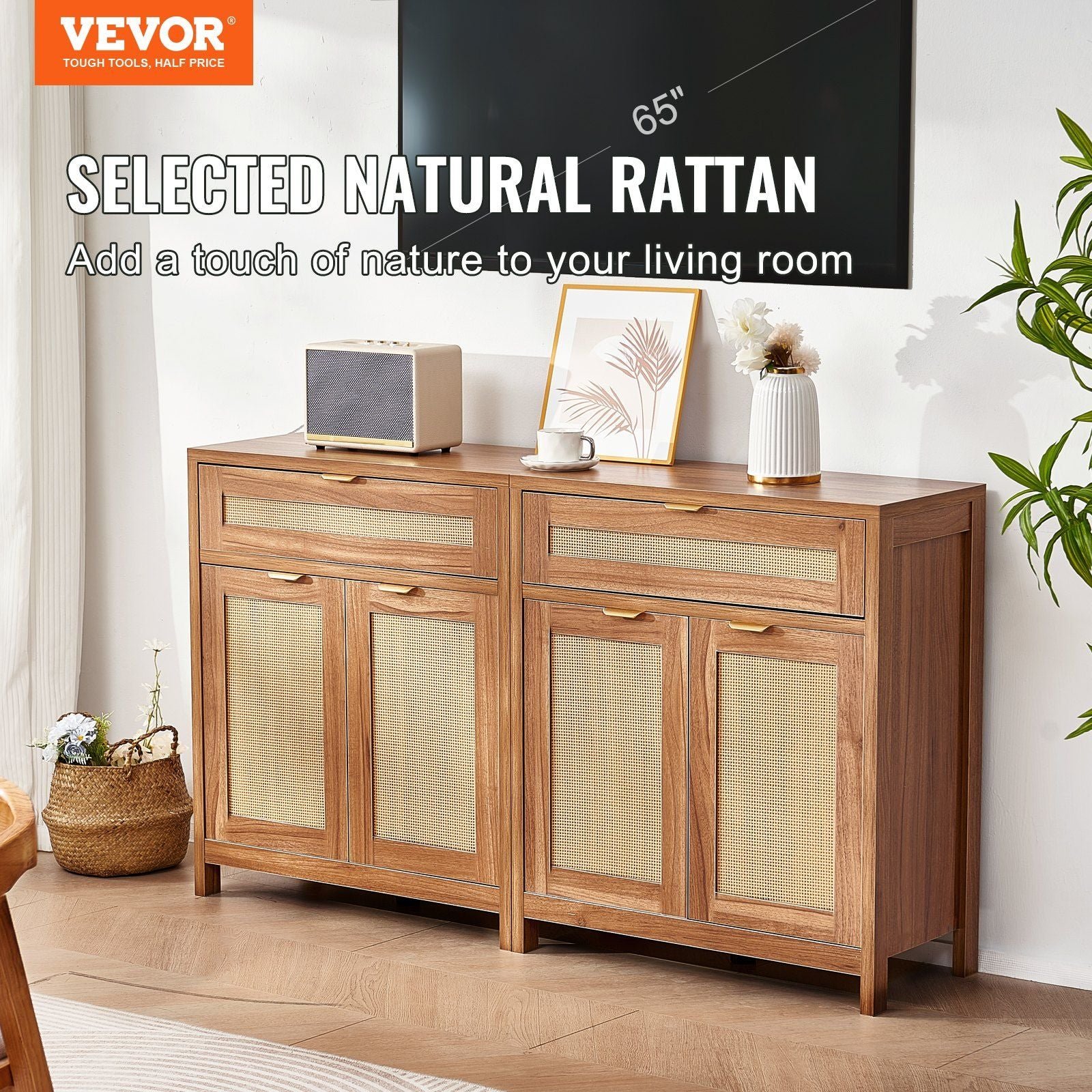 set of 2 natural rattan kitchen cabinets with 4 doors 2 drawers adjustable shelves