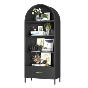 black fcj metal arched bookshelf accent arch kitchen pantry cabinet drawer for home office bar living room with farmhouse style