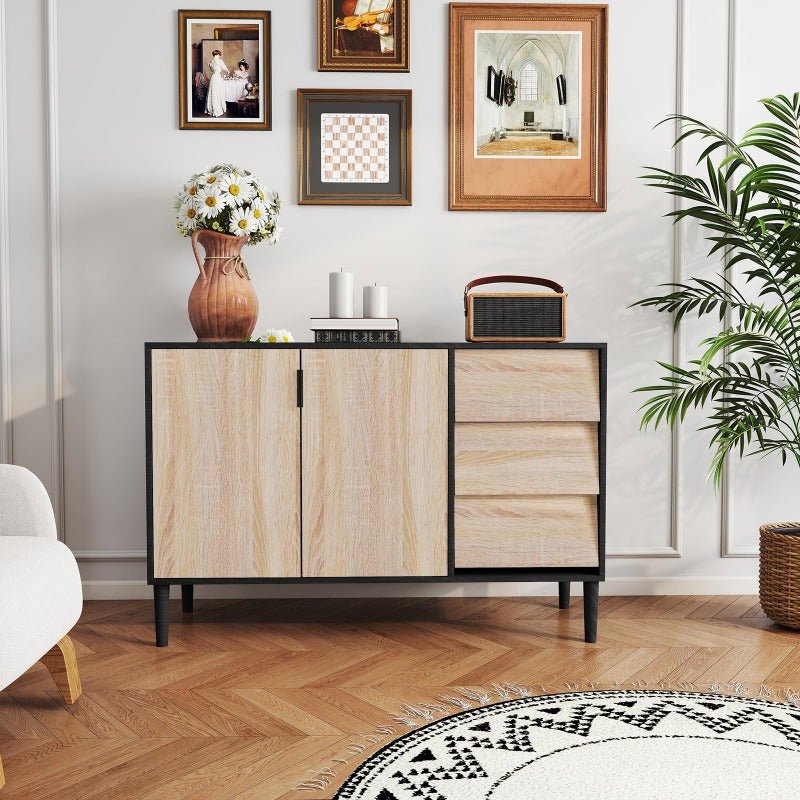storage cabinet with 3 drawers, 2 doors sideboard buffet cabinet, mid century accent cabinets with adjustable shelf
