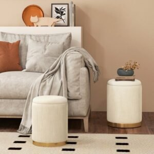 set of 2 velvet/linen fabric storage stools & ottomans